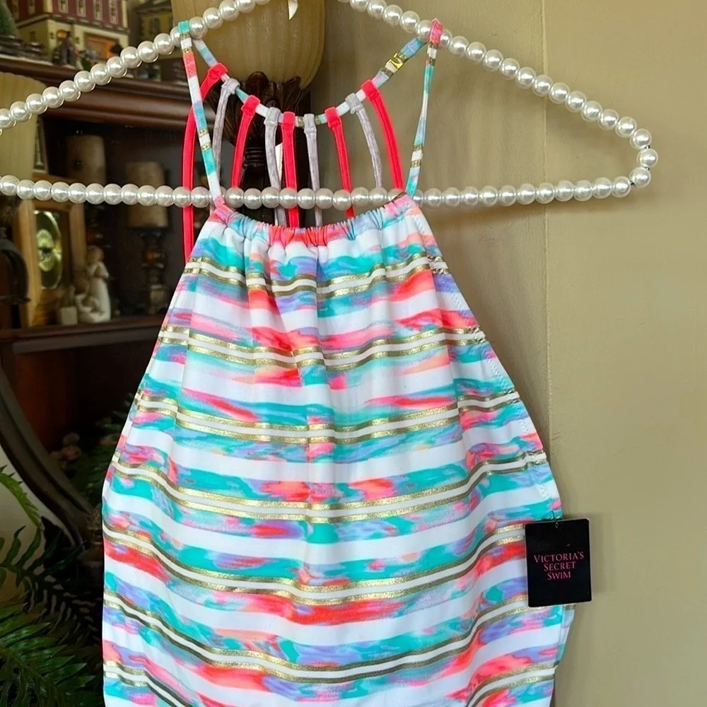 Brand New Victoria's Secret Swimsuit High Neck Strappy Back White Bright Coral